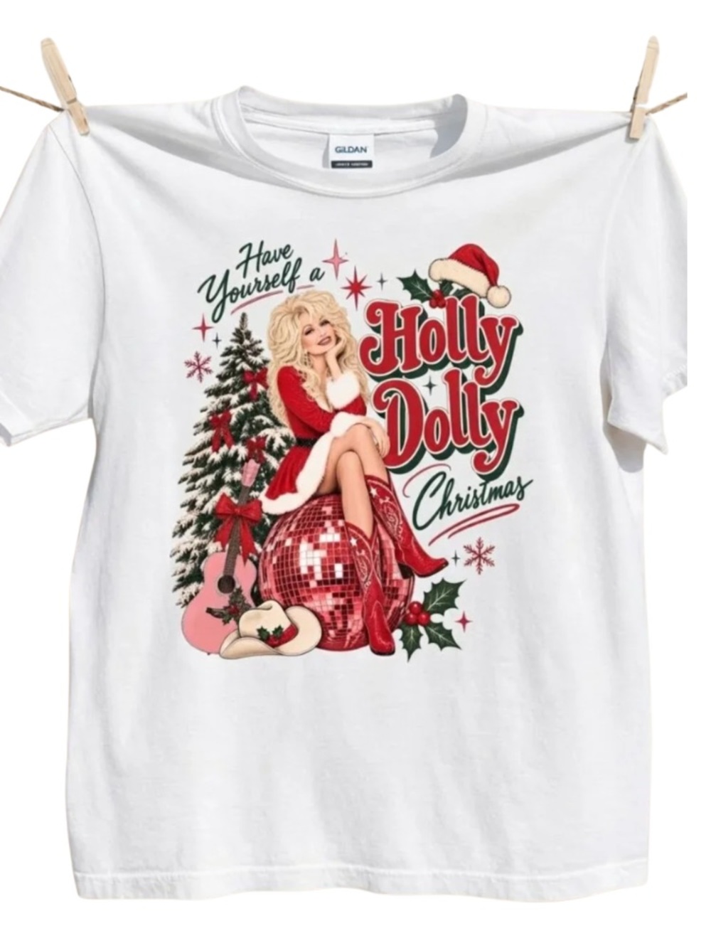 Gildan White 'Holly Dolly' Christmas Graphic Tee with Red & Green Artwork